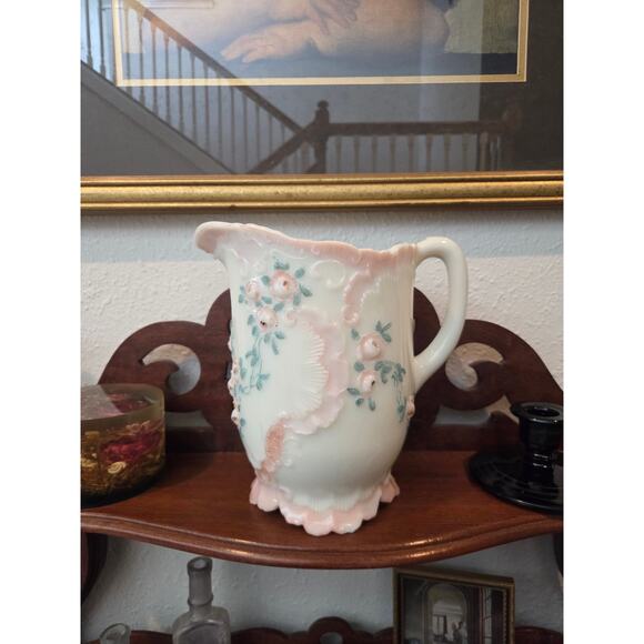 Antique Dithridge Milk Glass Rose Pitcher 8" EAPG Hand Painted Victorian 1800s - Picture 1 of 10